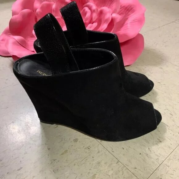 REBECCA MINKOFF‎ Black Suede Peep Toe Slingback Wedge Shoes - Picture 1 of 11